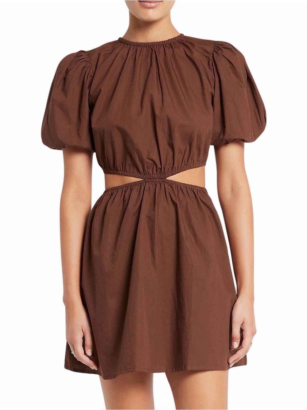 Faithfull the Brand Adelfina dress. Brown Puff-Sleeve Cutout Mini Dress